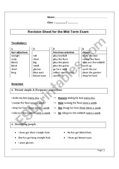 revision sheet esl worksheet  samirmazen