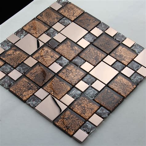 Silver Stainless Steel Metal Mosaics Crackle Glass Tile Brown Walls