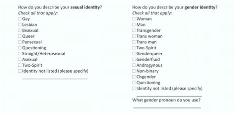 standardized intake form questions regarding gender and sexual identity
