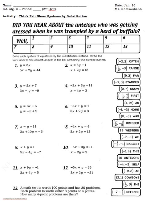 substitution   system  equations substitution worksheet