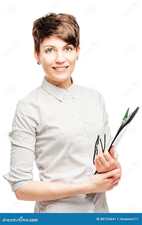 brunette secretary   white background  documents  hand stock