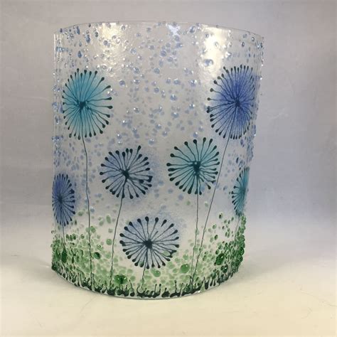 Handmade Fused Glass Curved Plaque Blue Flowers Candle Display Home