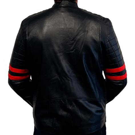 Buy Stylish Red Stripes Mens Black Leather Jacket Mlj