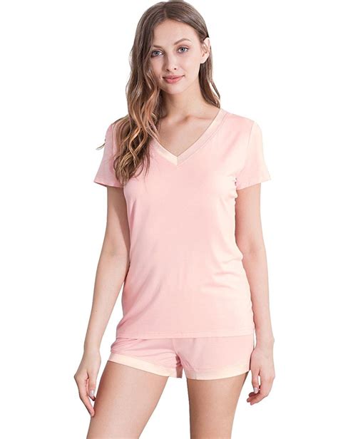 womens soft v neck shorts pajama set pink c817z558giu
