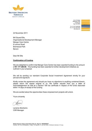 funding confirmation letter manger care centre