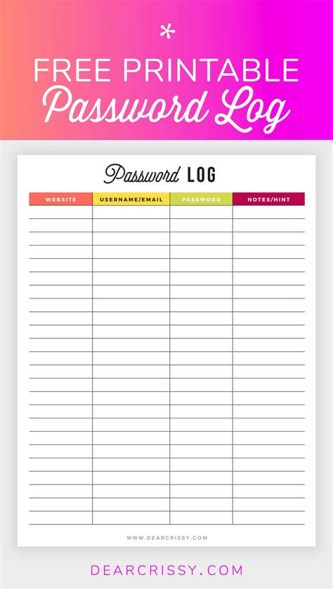 printable password log