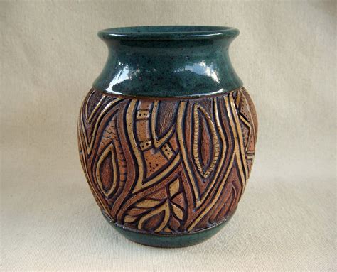 pottery handmade  carved leaf design vase mossy green