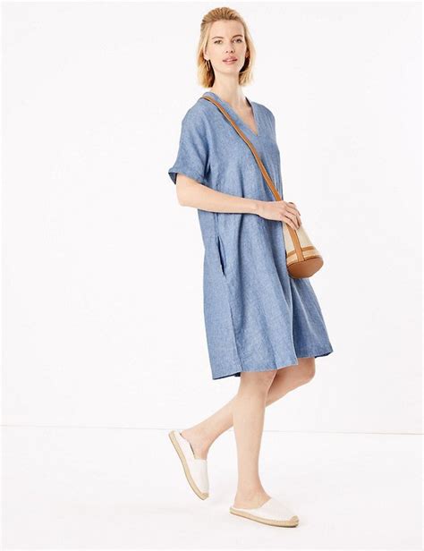 Pure Linen V Neck Shift Dress Ms Collection Ms Small Wardrobe