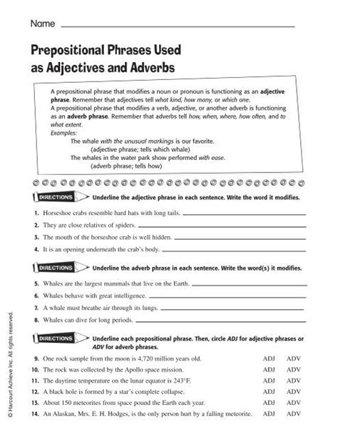 prepositional phrases   adjectives  adverbs worksheets answers