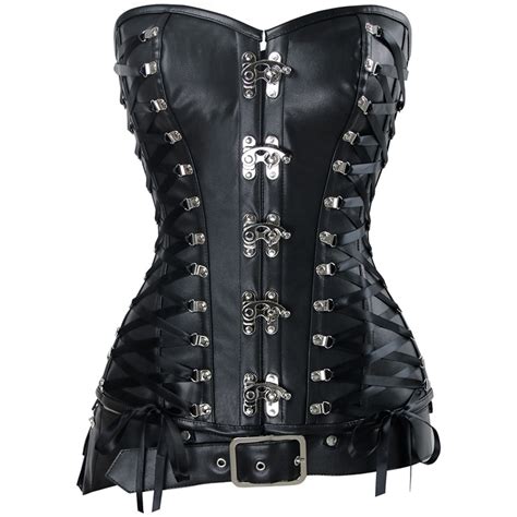 steel boned steampunk black leather overbust corset n12783
