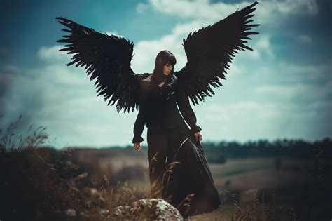 2048x1365 angel wings black hair black dress model woman depth