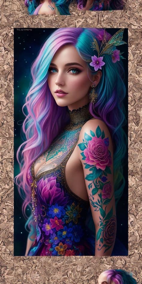 A Woman With Purple Hair And Tattoos On Her Body