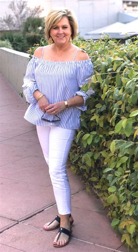 50 is not old off the shoulder style off the shoulder top blue and white stripes white
