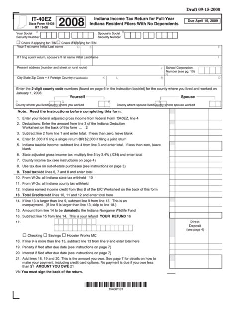 form  ez indiana income tax return  full year indiana resident