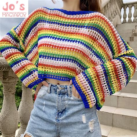 Knitted Women Sweaters Pullovers Kawaii Rainbow Stripe Hollow Out Tops