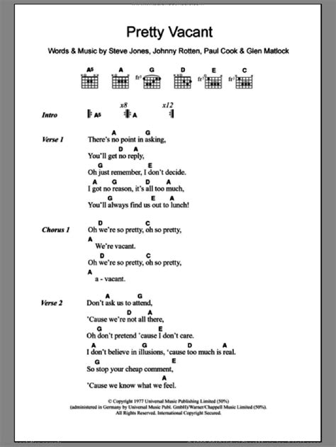 sex pistols pretty vacant sheet music for guitar chords