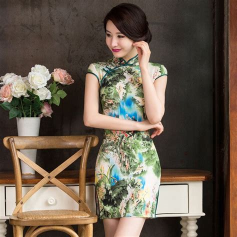 Sexy High Slit Printed Short Oriental Silk Dresses Traditional Chinese