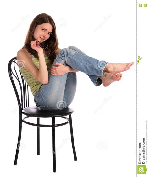 Girl Sit On Stool Tuck Legs Up Stock Image Image Of Clothing