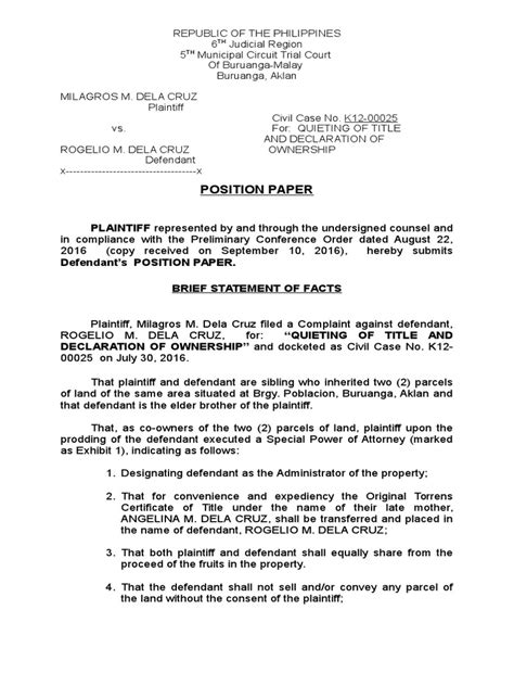 position paper sampledoc real property lawsuit