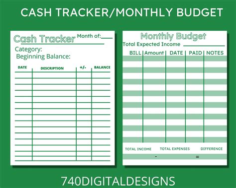 cash tracker monthly budget printable sheets  digitaldesigns