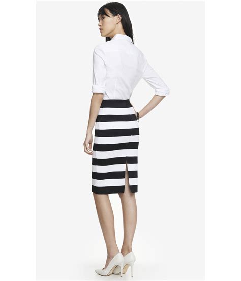 express high waist elastic stripe midi pencil skirt  black lyst
