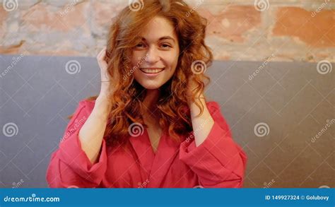 Flirty Smiling Woman Playing Curly Ginger Hair Stock Footage Video Of