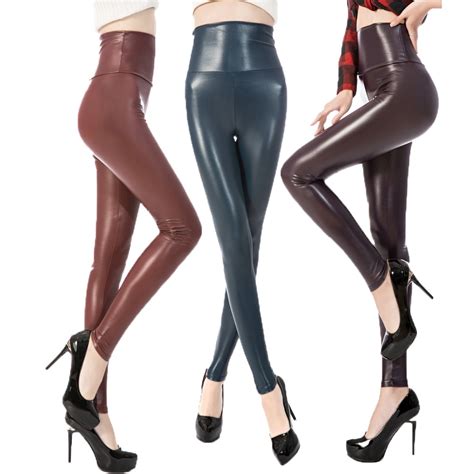 high waist skinny ankle length black pu faux leather leggings for women