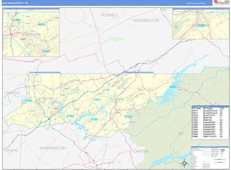 sullivan county tn zip code wall map basic style  marketmaps mapsalescom