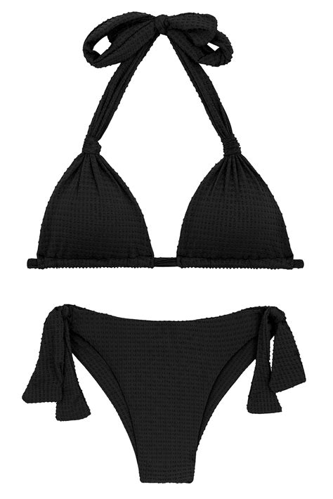 Black Textured Side Tie Brazilian Bikini With A Halter Top Set Dots