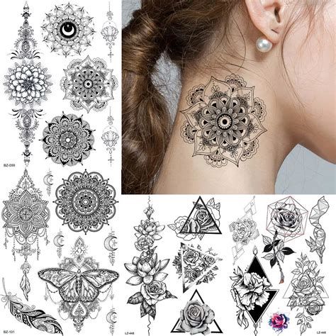 large black henna mandala flower temporary tattoo stickers fake women