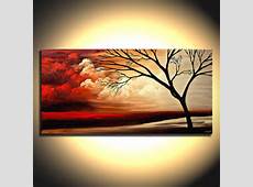 Original Red Landscape Painting on Canvas Tree Art Earth Tones by