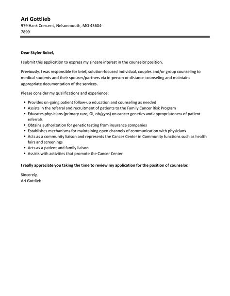 counselor cover letter velvet jobs