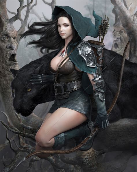 women cleavage archers fantasy art artwork dark eyes pale skin hooded black hair