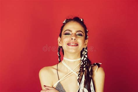 smiling girl with braces and red hair stock image image