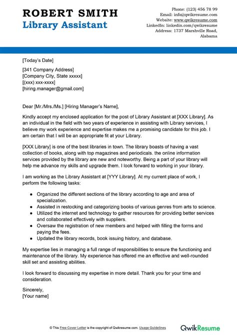 library assistant cover letter examples qwikresume