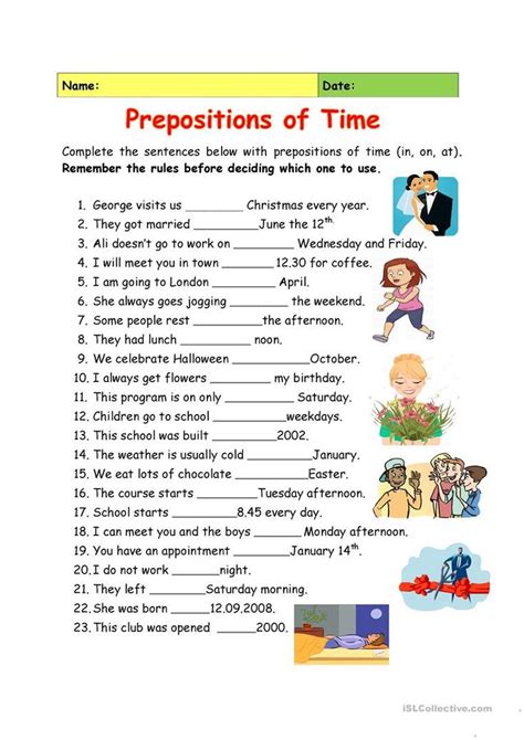 prepositions  time preposition worksheets english prepositions