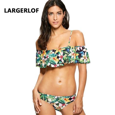 Ruffle Swimwear Off Shoulder Bikini Sexy Green Floral String Bikini Set