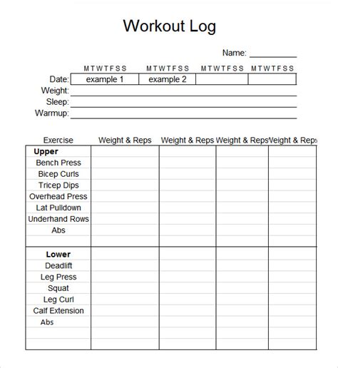 workout log templates sample templates
