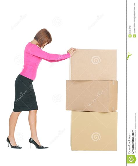 attractive businesswoman with big boxes stock image image of office