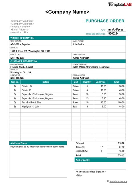 purchase order form doctemplates