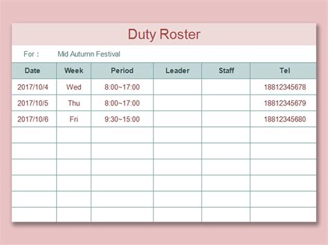 duty roster template excel printable templates