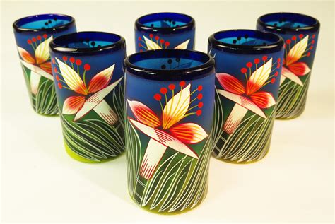 Mexican Glass Tumblers 16 Oz Set Of Six Hand Painted With