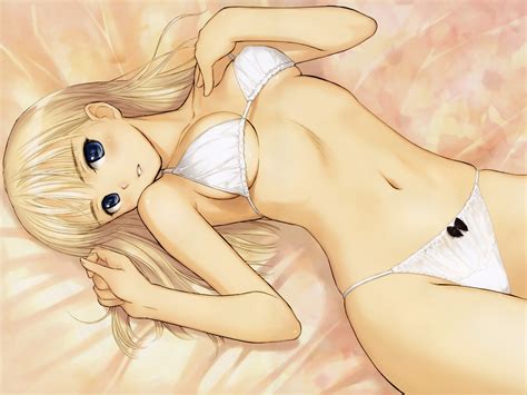 bed blonde hair blue eyes blush breasts taka tony underwear anime