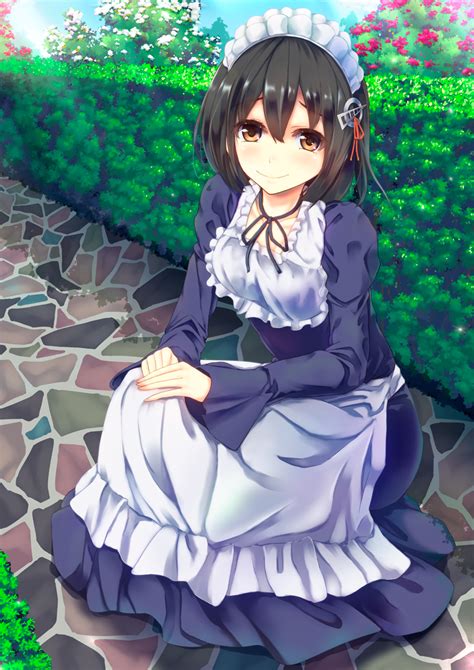 safebooru 1girl alternate costume apron black hair brown eyes dress