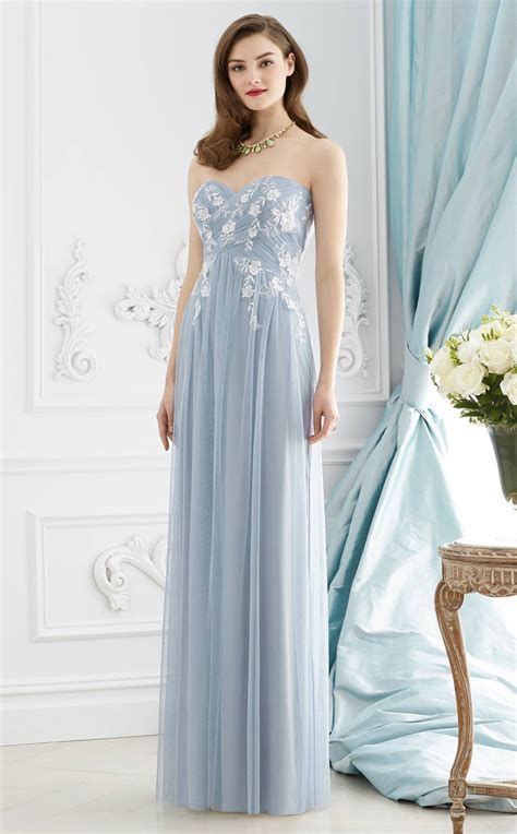 long tulle lace light blue empire waist bridesmaid dress