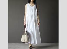 White sleeveless linen dress V neck linen by Vivianzakka on Etsy