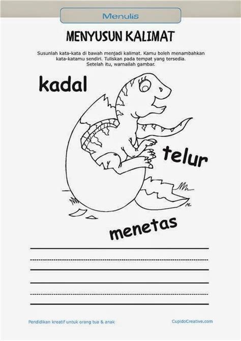 belajar membaca and menulis anak tk sd menyusun kata menjadi kalimat and mewarnai gambar dinosaurus