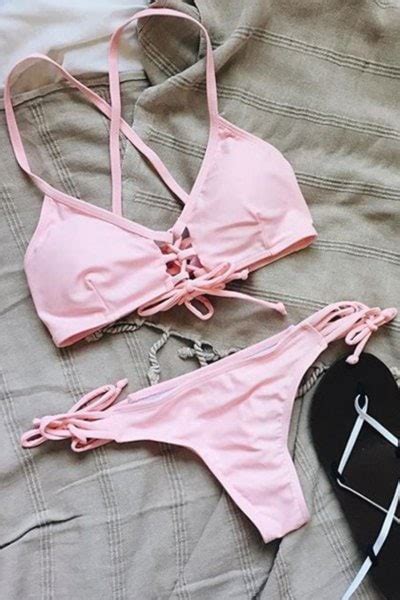spaghetti strap lace up bikini pink bikinis zaful