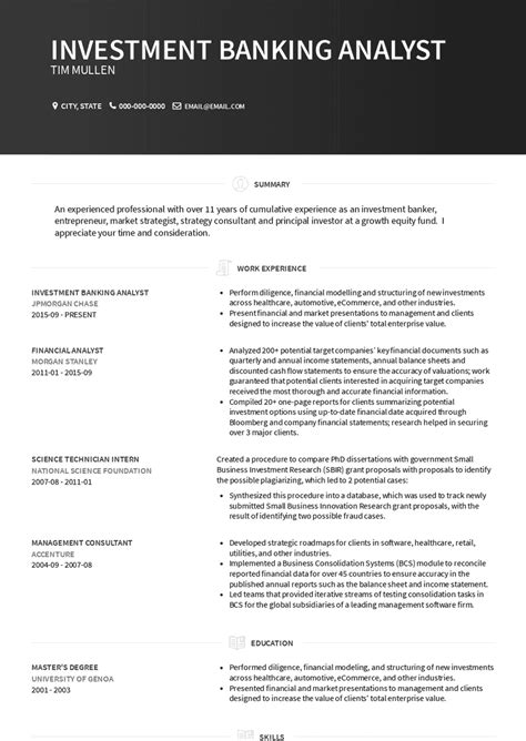 investment banking internship resume examples  templates