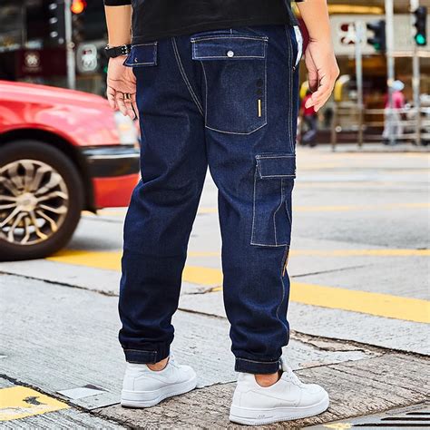 size     mens blue jeans baggy cargo pants denim loose straight cotton denim